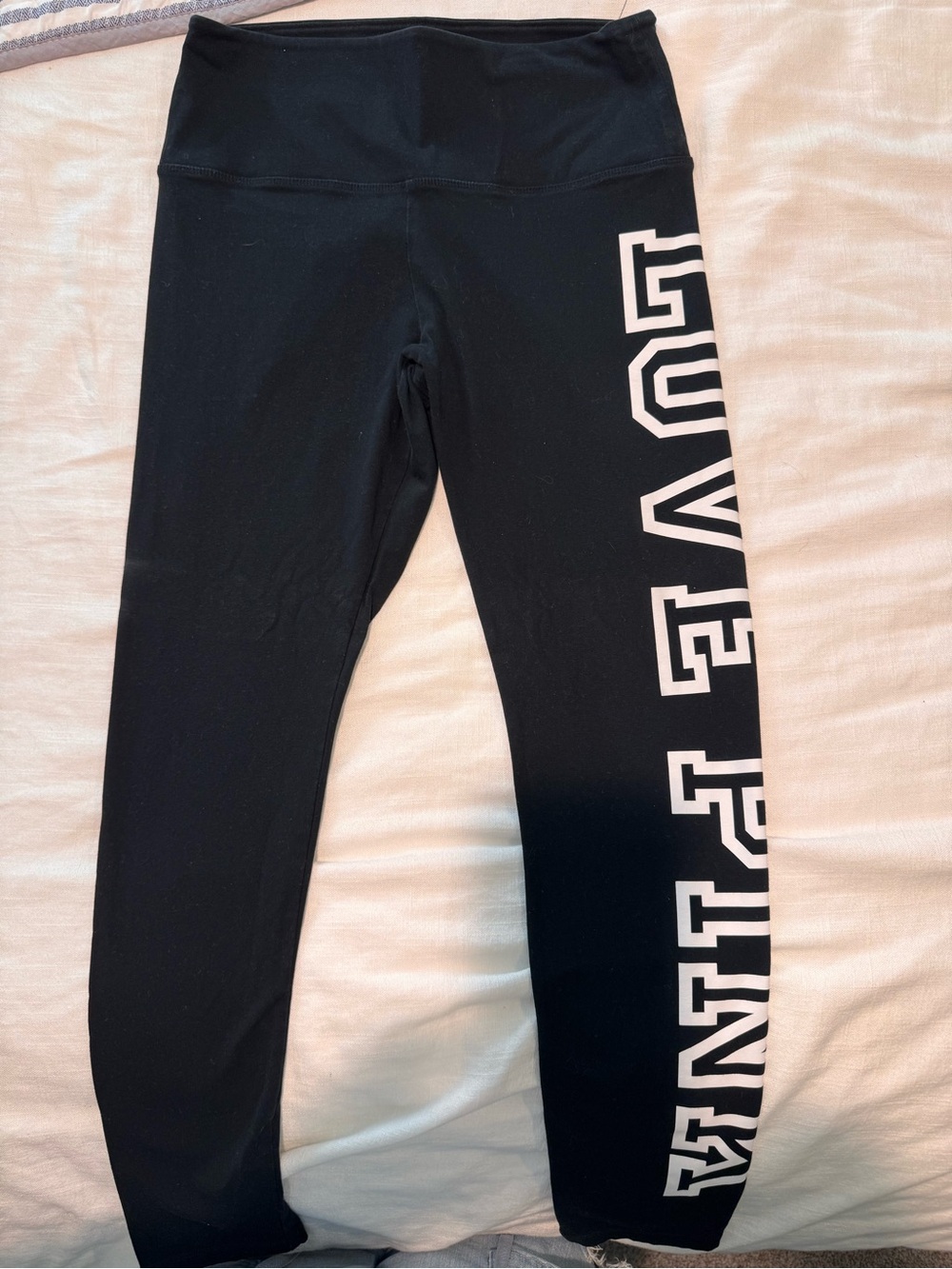 PINK Victoria's Secret Black Leggings with White Side Logo Text Size L